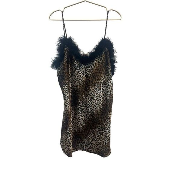 90's Style Cinema Etoile Cheetah Print Feather Boa Trim Satin Nightgown XL/XXL - Picture 1 of 7